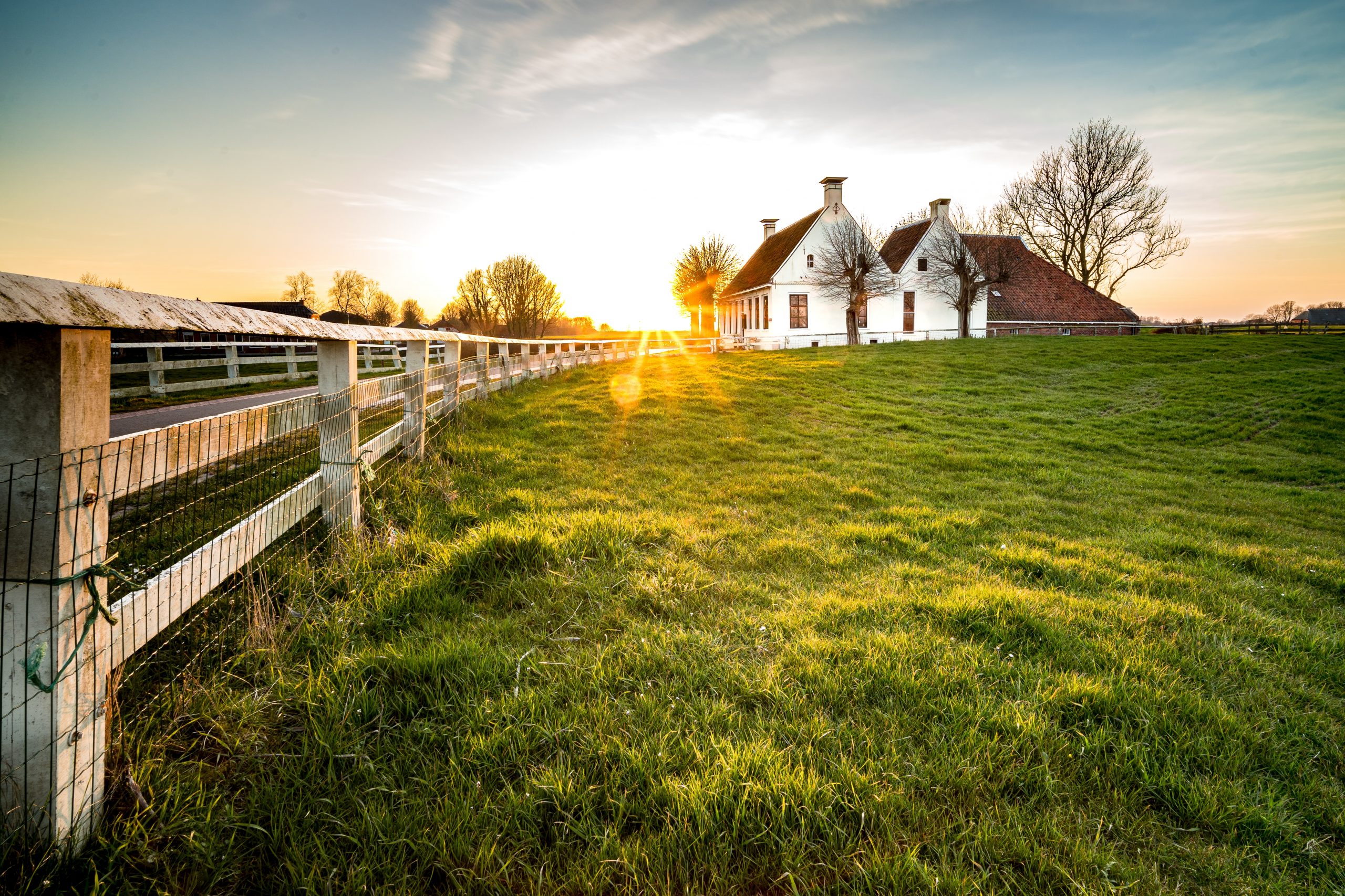 Beautiful shot of a fence leading to a house in a green grass area